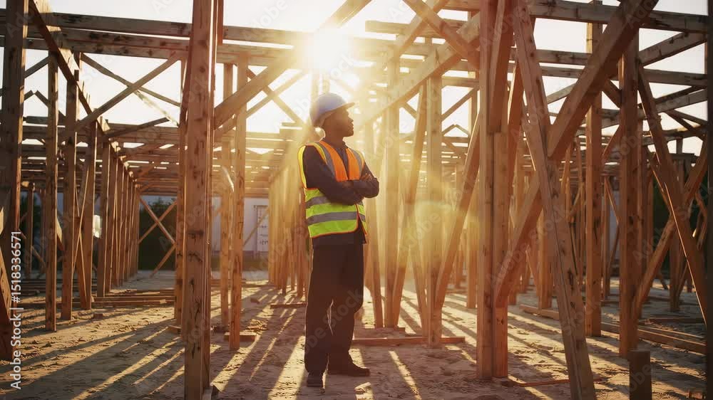 Construction worker in safety vest and helmet standing at wooden framework site during sunset, representing labor, industry, and structural development process