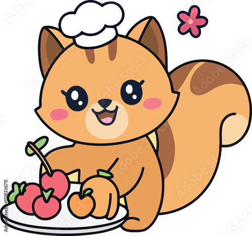 Cartoon Squirrel Chef Holding Plate of Cherries and Apple on Background Vector Illustration