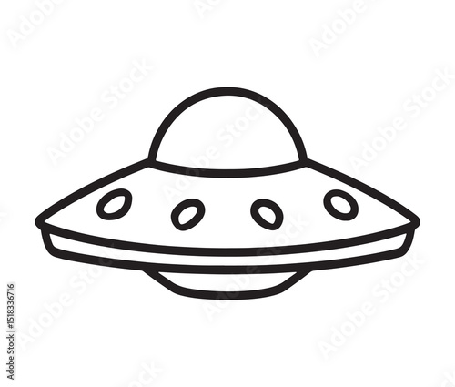 UFO flying saucer line art design. Alien spaceship black and white illustration.