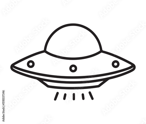 UFO flying saucer line art design. Alien spaceship black and white illustration.