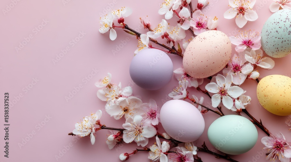 Pastel Easter Eggs and Delicate Spring Blossoms on Pink Background Happy Easter Springtime Floral Design Pastel Easter Eggs and Delicate Spring Blossoms on Pink Background Happy Easter Springtime Floral Design