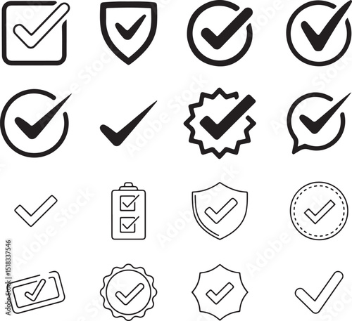 Validation & Approval Checkmark Line Art Icon Assortment
