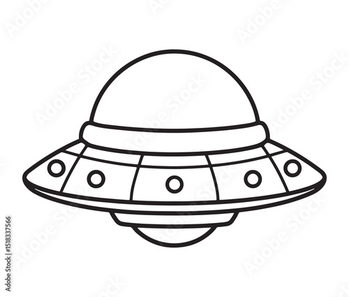 UFO flying saucer line art design. Alien spaceship black and white illustration.