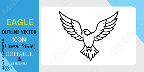 A simple, linear style vector icon of an eagle with wings spread wide. Its editable and resizable, perfect for various designs.