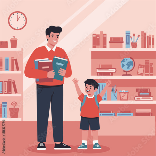 Cute cartoon father holding saved money in her hand, her little boy riding a shopping cart, filled with school supplies, vector illustration