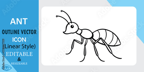 A simple, black outline vector illustration of an ant. Linear style, editable and resizable.