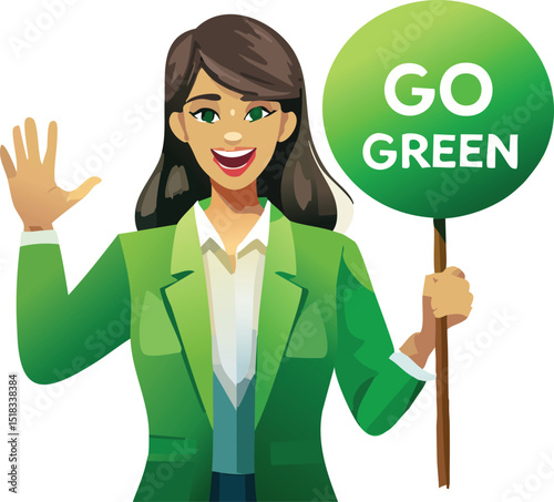 Protester Holding “Go Green” Speech Bubble Sign – Environmental Awareness and Action