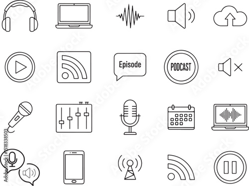 Audio Broadcasting & Podcast Media Line Art Icon Set