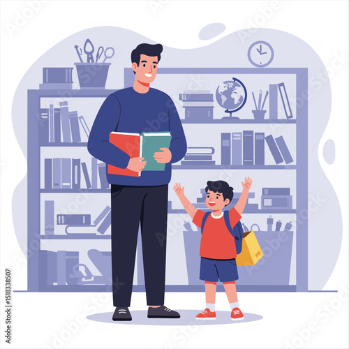 Cute cartoon father holding saved money in her hand, her little boy riding a shopping cart, filled with school supplies, vector illustration