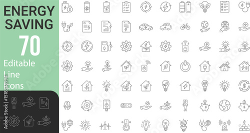 Collection Of Modern Editable Thin Line Style Energy Saving Related Icons Energy Costs, Power Consumption Level, Green House Pictograms, Infographics And More Vector Illustration
