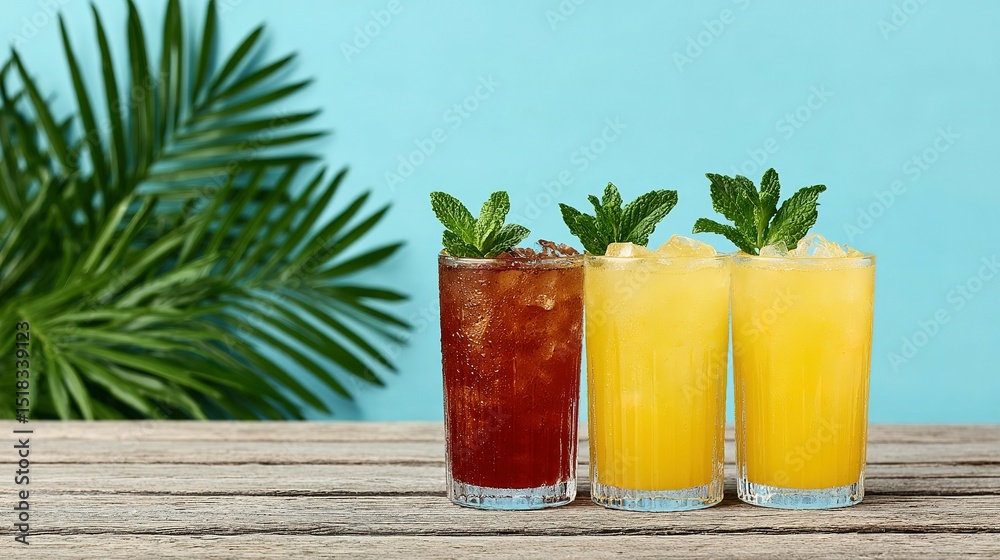 Fototapeta premium Three refreshing summer drinks garnished with fresh mint.