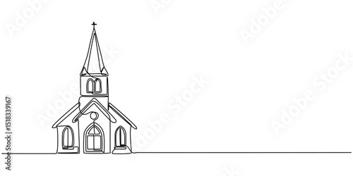 Church one line continuous. Line art church. Hand drawn vector art, One continuous line drawing of church. Easter Sunday banner. Editable stroke, simple, doodle design, vector illustration, Church One