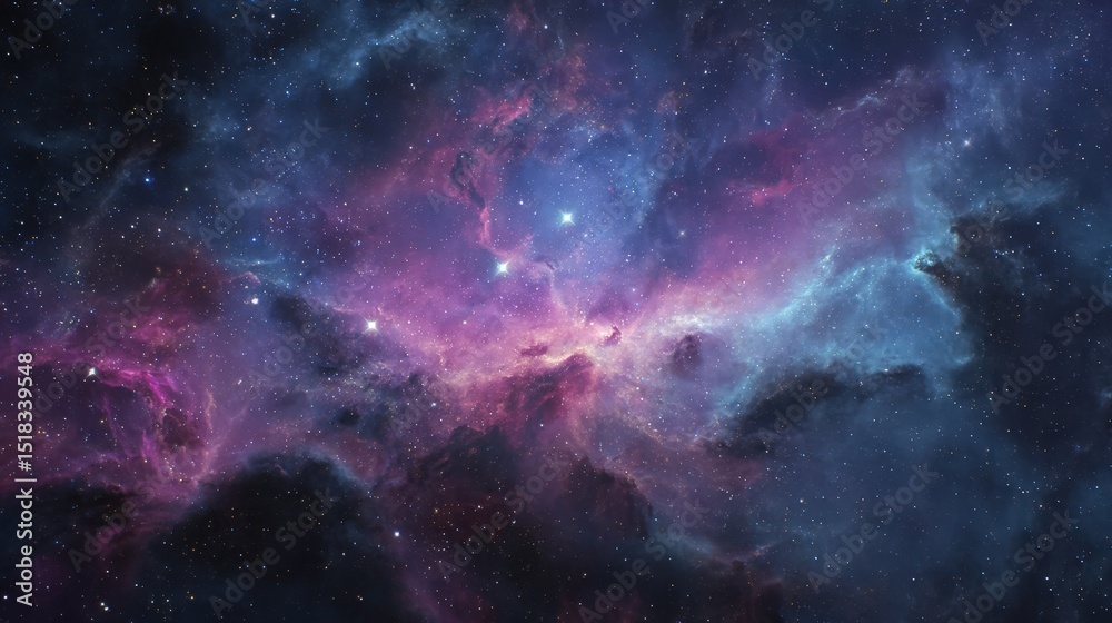 Fototapeta premium Majestic Nebula Cosmic Landscape Starry Night Sky with Purple and Blue Gas Clouds