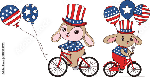 Festive cartoon sheep riding bike with red, white & blue balloons and bow tie, 4th of July celebration illustration
