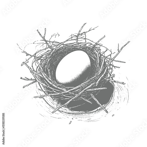 Detailed hand-drawn illustration of a bird's nest with an egg