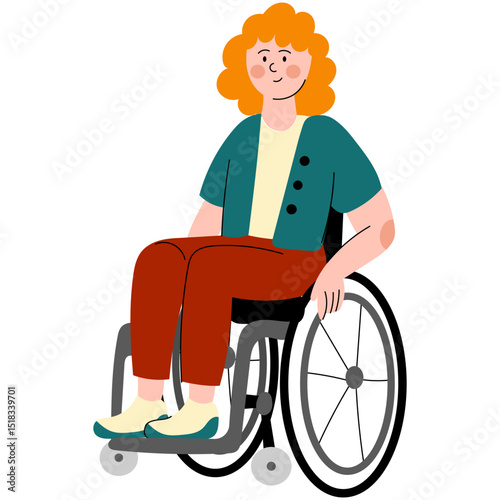 Woman sitting in a wheelchair. Empowering illustration promoting diversity, inclusion, and body positivity. Representation of people with disabilities in everyday life.
