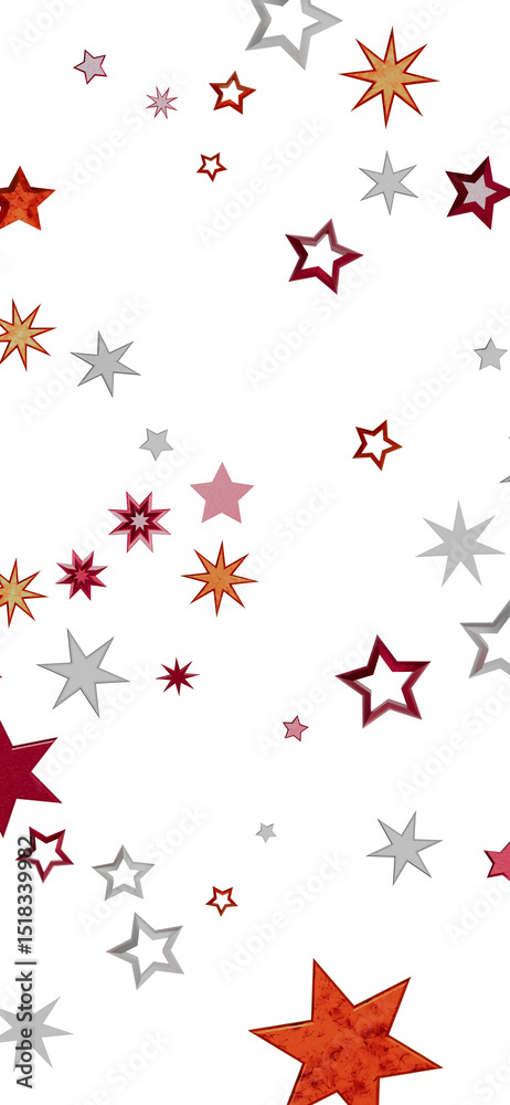 Fototapeta premium Beautiful background image of stars in red, orange, and silver on a white background.