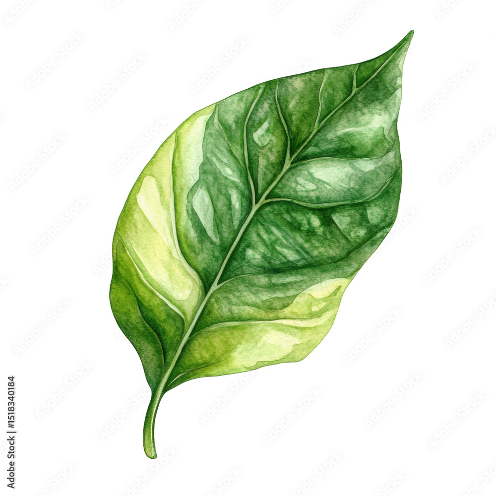 Obraz premium against a stark background, a single leaf is prominently displayed. the leaf exhibits a blend of verdant hues, with sections of a pale yellowish green accentuating its form
