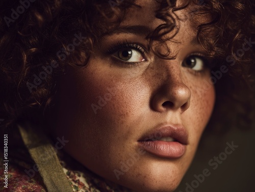 Close-up image of a beautiful full-figured model with freckles, curly hair and expressive eyes
