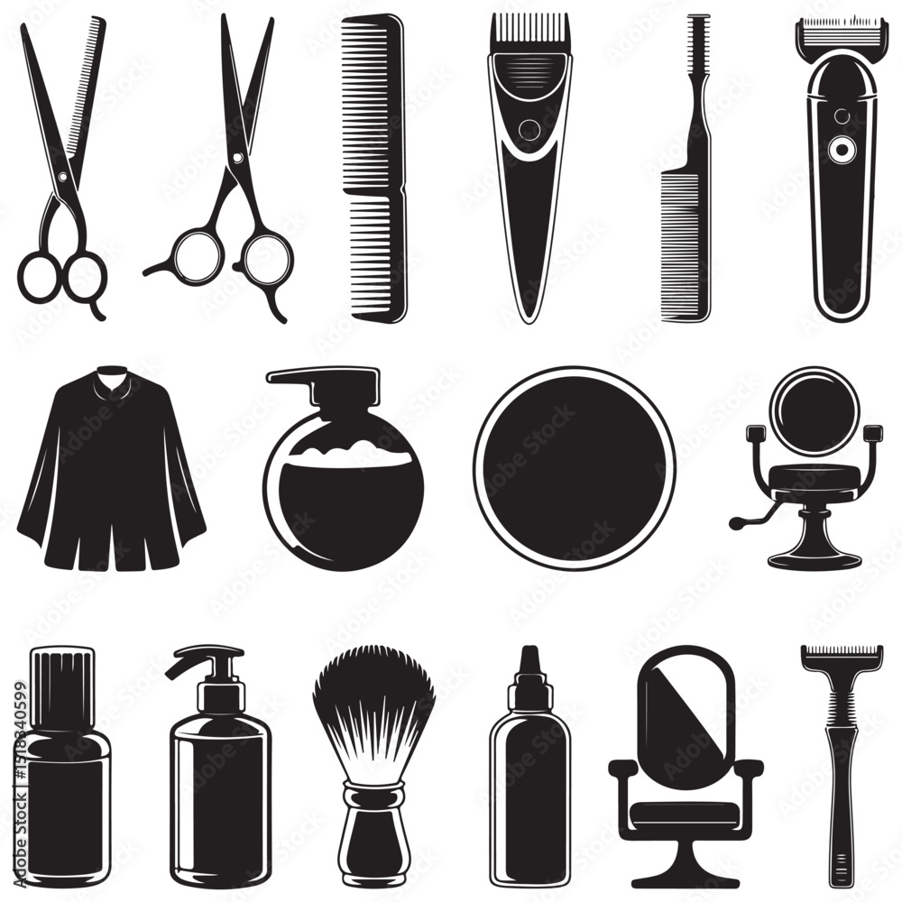 Obraz premium Premium Barber Shop Tools Vector Collection – Scissors, Combs, Razors & Spray Bottles in Silhouette Style . Thank You .