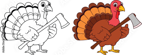 Humorous cartoon turkey with pink head, red wattle, and axe in claw, standing playfully in festive thanksgiving scene
