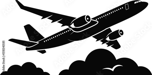 Black and white graphic illustration of an airplane taking off with clouds and a bird below it