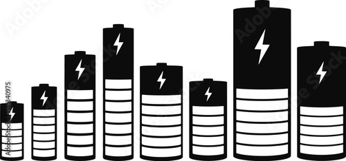 Seven batteries with varying charge levels displayed in a row against a white background showing energy