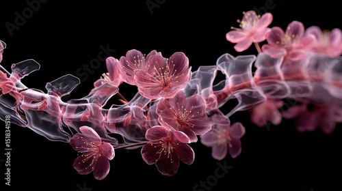 Futuristic X-ray visualization of a spine intertwined with blossoming cherry branches, petals glowing