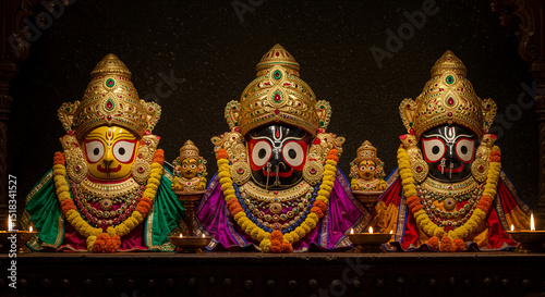 Rath yatra or car festival of Lord Jagannath at Puri, Orissa, India, Lord Jagannath Balabhadra And Subhadra Statues rath yatra celebration with large decorated chariots.Jagannath puri rath yatra