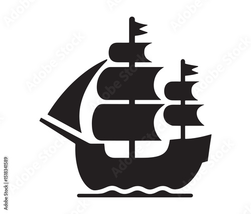 Bold ship silhouette on the sea. Cargo ship vector design