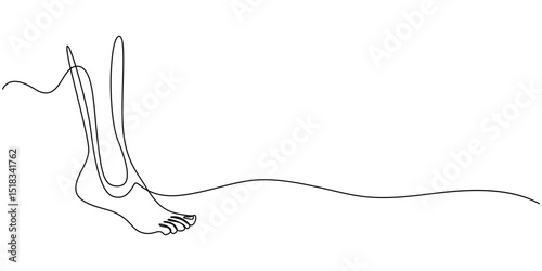 Continuous one line art drawing of bare foot in simple style and outline vector art illustration, Barefoot human footprint drawn in one continuous editable line. Diagonal track of barefoot footprint.