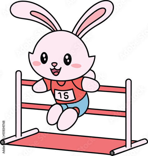 Cartoon Illustration of a Bunny Athlete Hurdling Over a Barrier on a Track with Number 15 on Shirt, Background