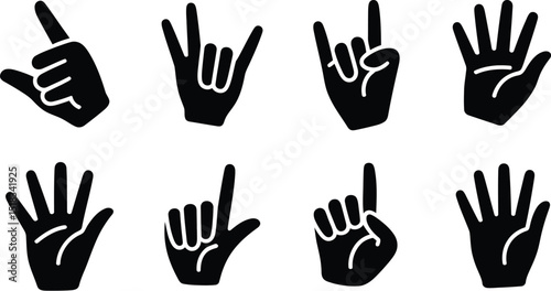 A collection of eight black hand gestures on a white background displaying various hand signals and poses