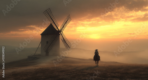 Silhouette. Surreal, poetic image of Don Quijote, an artistic reinterpretation of Cervantes' classic.