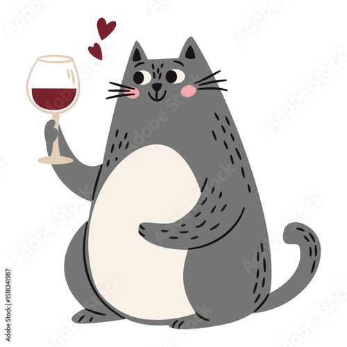 Cute cat holding a wine glass. Flat vector illustration in simple children's Scandinavian style . Vector illustration