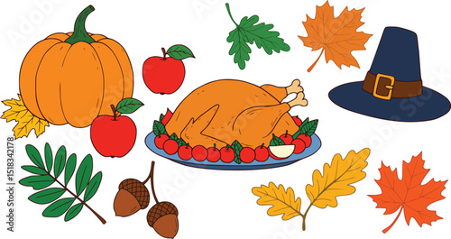 Colorful thanksgiving illustration featuring roasted turkey, pumpkin, apples, acorn, pilgrim hat, and autumn maple leaves