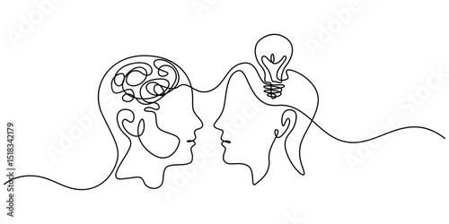 two men, one with a light bulb on his head to illustrate the concept, Two heads one with a confused mind the other with a lamp drawn in one continuous line.  Concept of brainstorming and solving