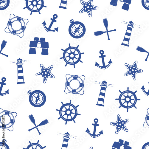 Nautical Vector Seamless Pattern of Icons Including Compass, Wheel, Lifebuoy, Anchor, Lighthouse and Starfish