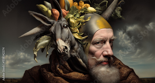 Rocinante and Qujote. Surreal, poetic image of Don Quijote, an artistic reinterpretation of Cervantes' classic.