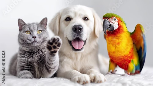 Wallpaper Mural Three friendly pets cat, dog, and parrot sit side by side on white background. Combination of fluffy and feathered pets creates warm and harmonious scene Torontodigital.ca