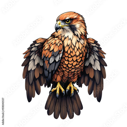 Hawk isolated on white background, a majestic bird of prey with sharp talons and piercing eyes