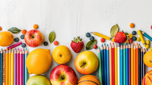 Office school supplies lying in a heap next to each other, fruits and berries on flat white background with copy space. Backdrop for banner. Top View	