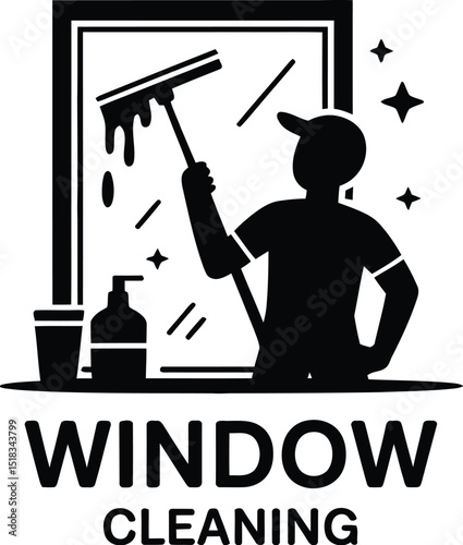 Illustration of a window cleaner using a squeegee with cleaning supplies and sparkling windows