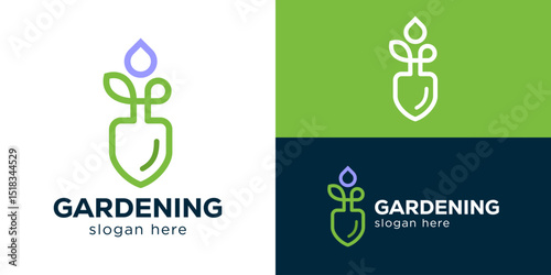 Creative gardening logo template. Simple shovel with nature leaf and water drop logo design vector illustration.