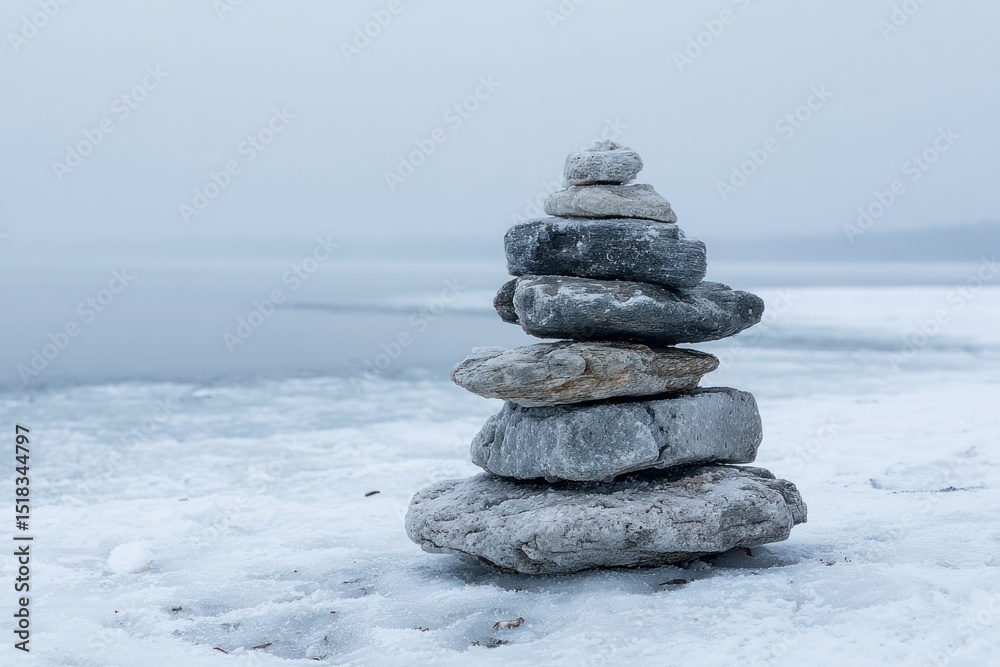 Fototapeta premium Tranquil Stack of Stones on Frozen Lake in Overcast Gray Weather