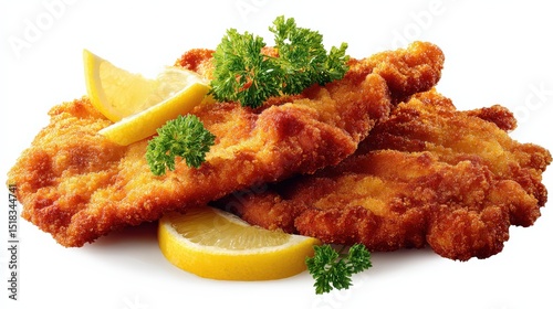 Wiener schnitzel, breaded veal cutlets, garnished with parsley and lemon slices, resting on white background