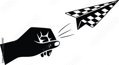 A black and white illustration of a hand launching a checkered paper airplane into the air space