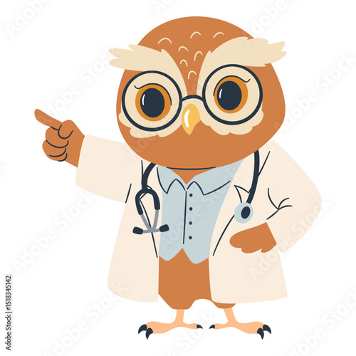 Cute owl in doctor costume pointing wing on white background. Flat vector illustration in simple children's style . Vector illustration