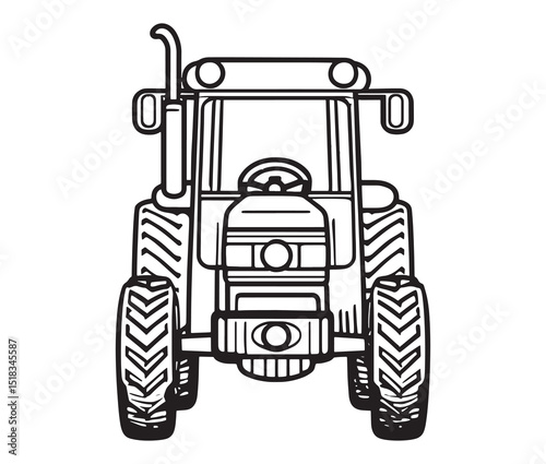 Line art tractor isolated on white background. Vintage tractor front view drawing