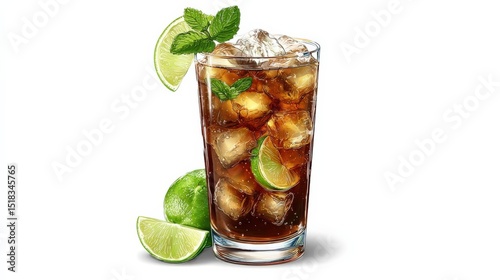 Refreshing cuba libre cocktail is garnished with lime and mint